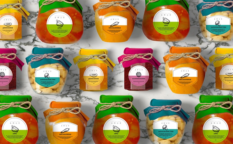 罐裝食品插畫包裝設計-覆盆子果醬,瓜果醬,腌制蘑菇,蔬菜魚子醬和檸檬汁